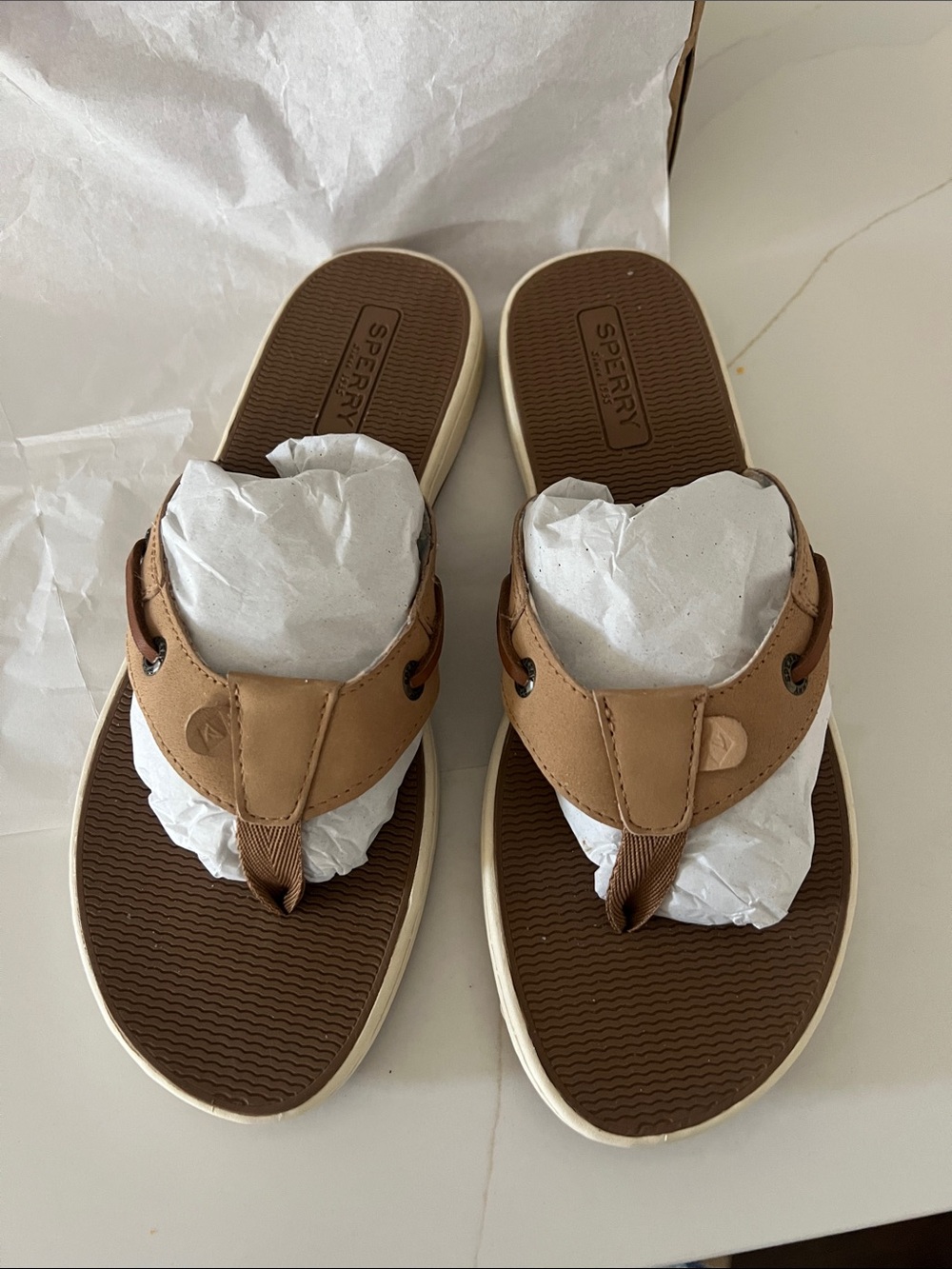 Sperry Tan and Brown Leather Thong Sandals